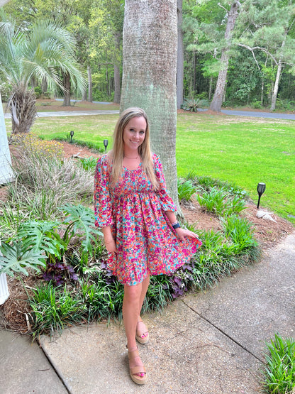 Smocked floral v-neck