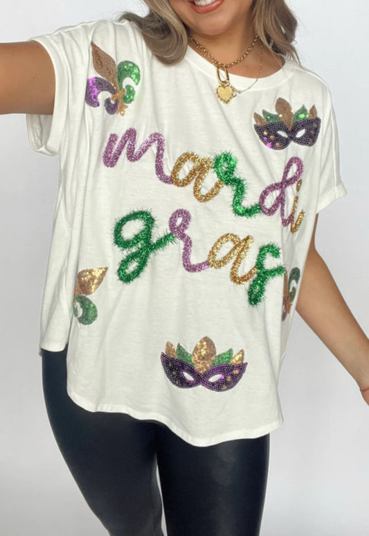 Cream Tinsle Mardi Gras tee