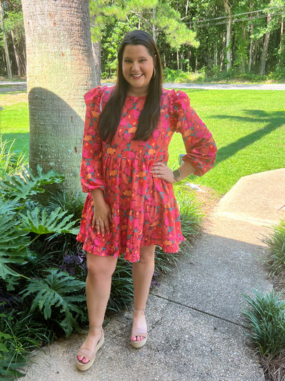 Coral Ruffle Sleeve Dress